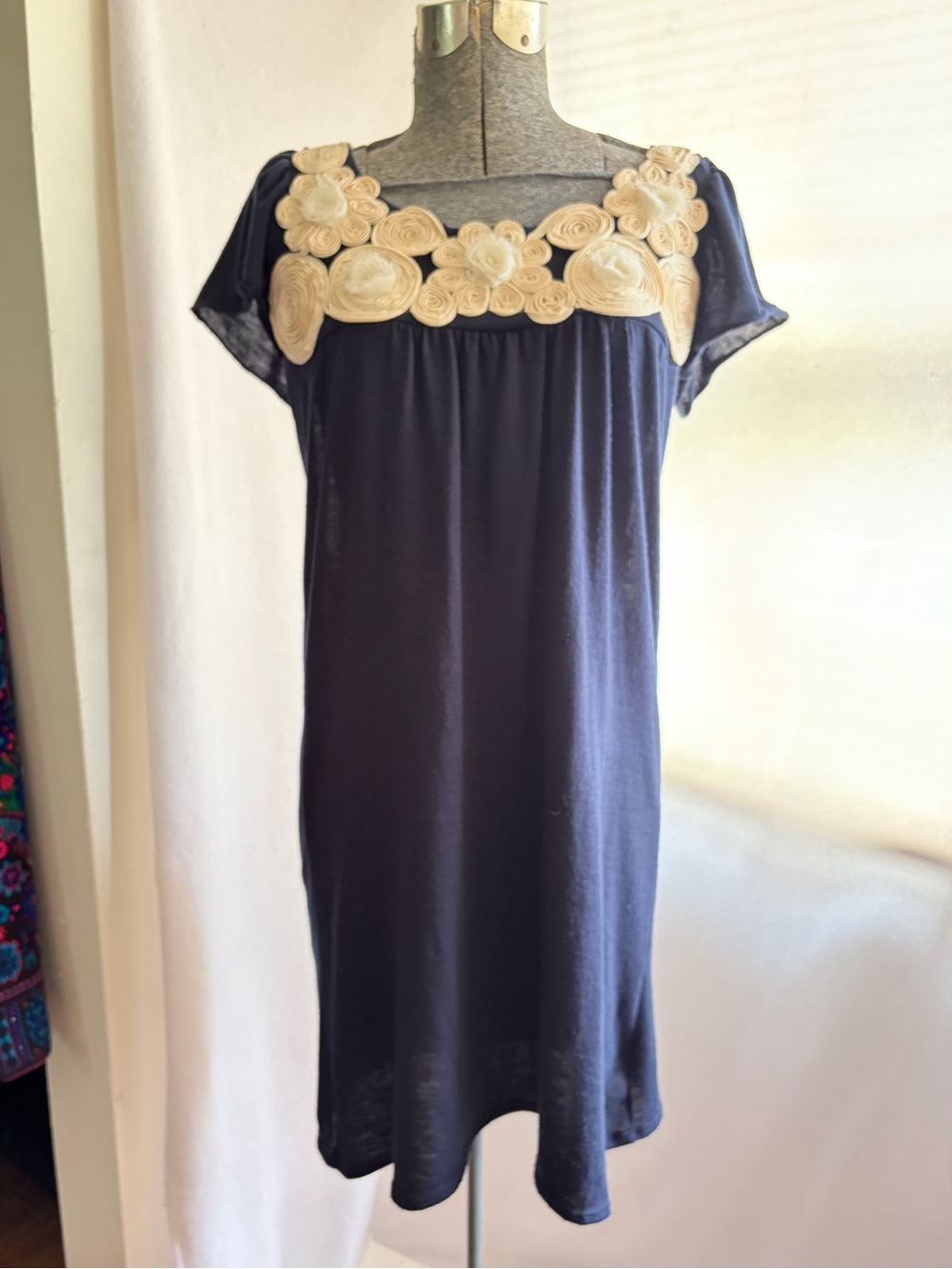 VTG Charming Charlie Navy Babydoll Dress 3D Rosette Bib made in USA y2k